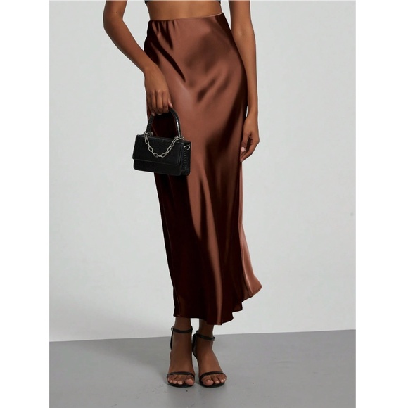 Brown Satin A-Line Skirt High Waisted Long - Picture 4 of 10